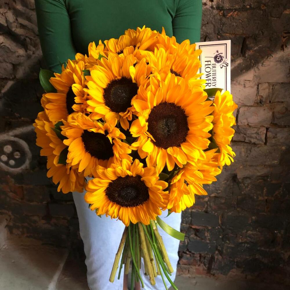 Букет из 17 подсолнухов и рускуса 