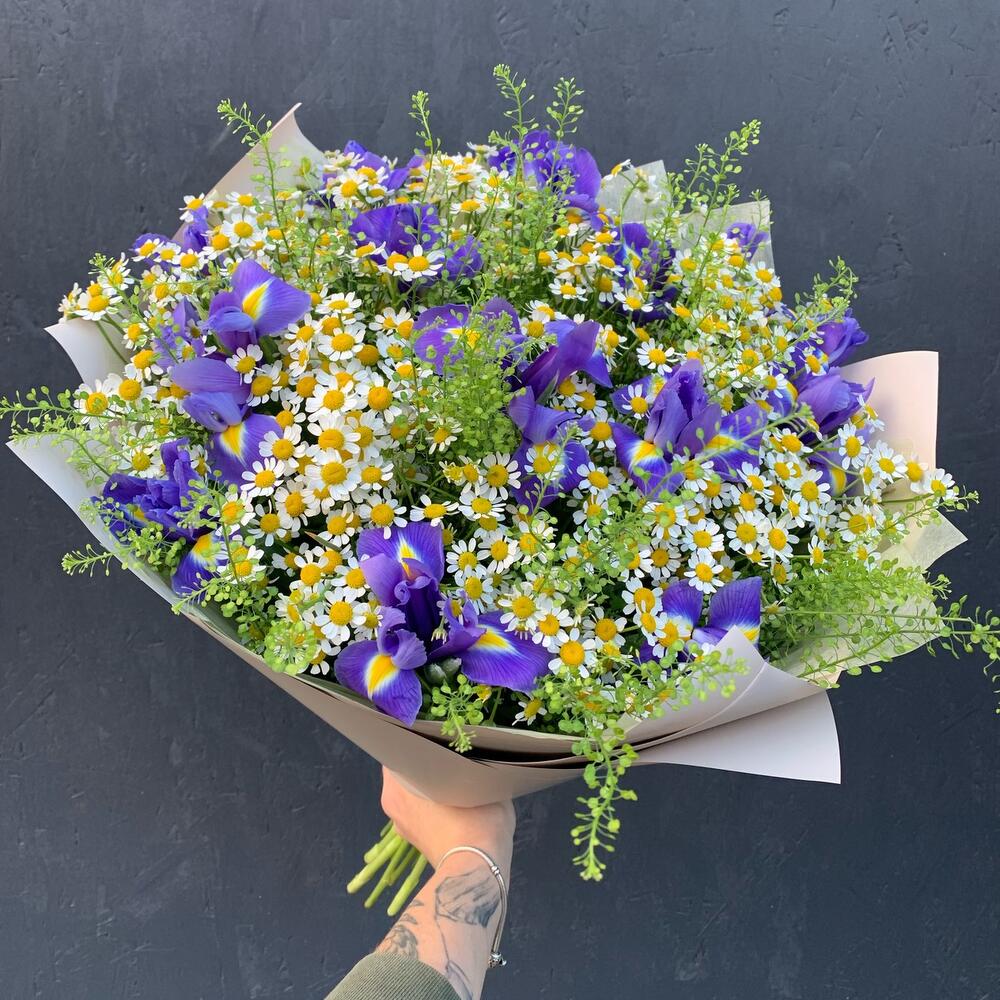 Полевой букет из ромашек (матрикарии) и ирисов Полевой букет из ромашек (матрикарии) и ирисов